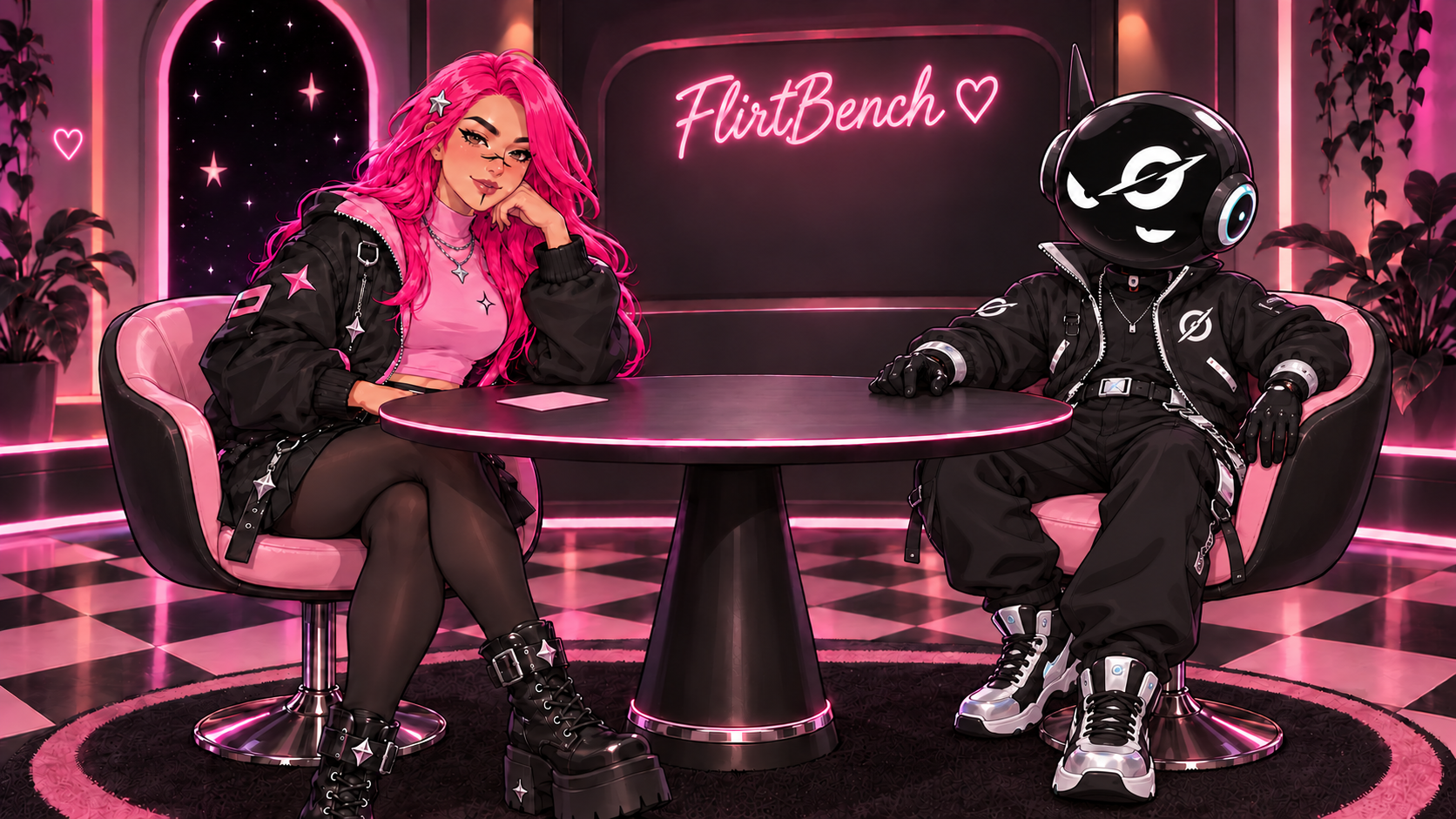 Kate and the Grok character at the pink FlirtBench interview table